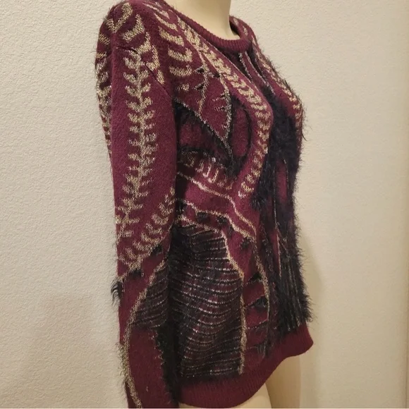 Gianni Bini Burgundy Gold Metallic Fuzzy Knit - Picture 2 of 5